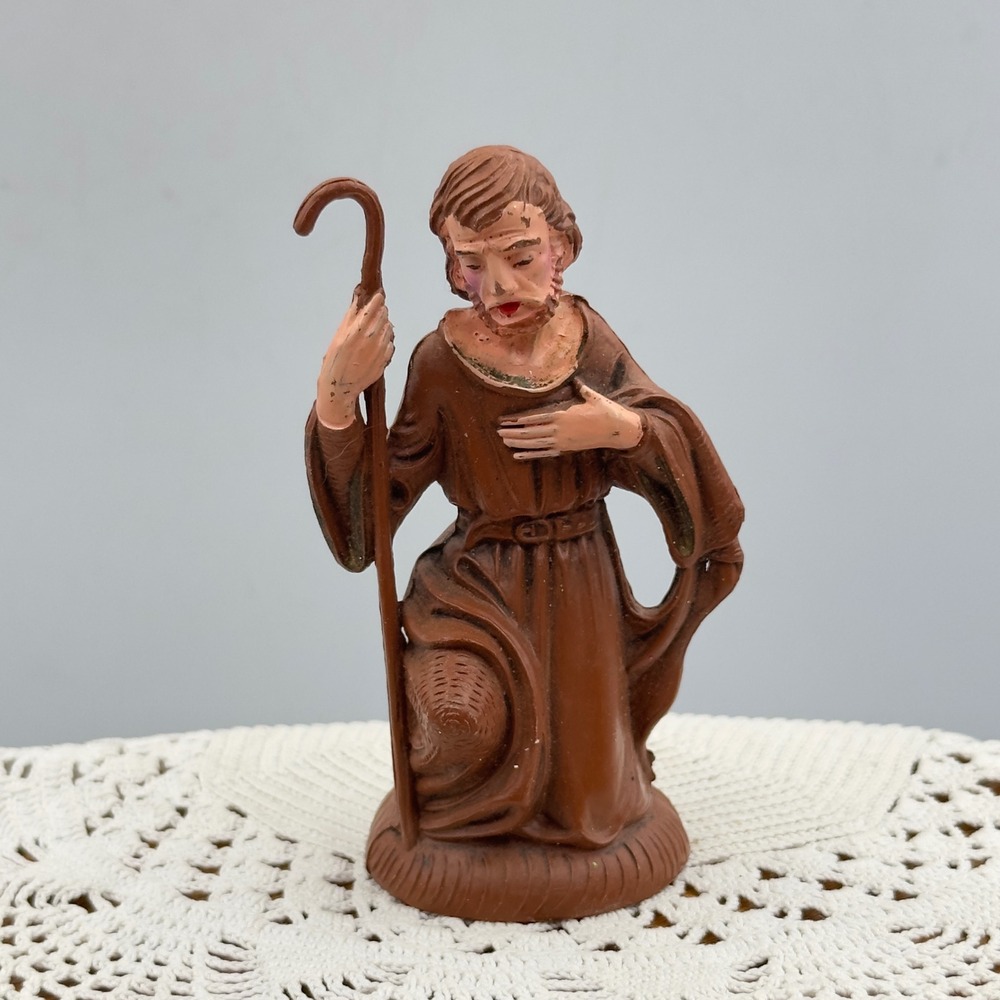 Vintage Italy Nativity Shepherd Figurine 4.25" Kneeling Brown‎ Staff 12/3